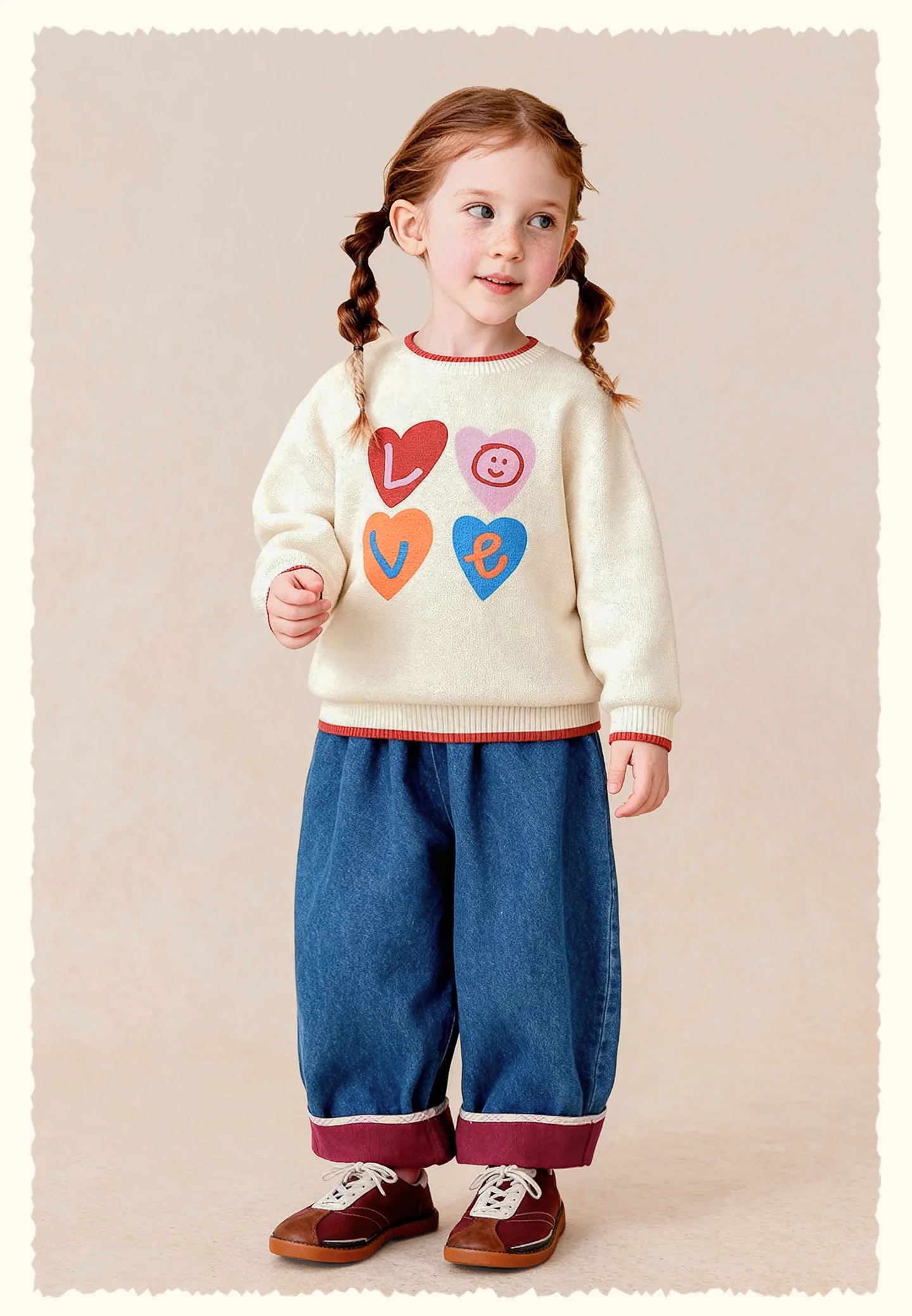 Amila 2026 Herbst Neue Kinder-Jeanshose mit Umschlagbündchen, Vintage-Waschung, gerolltem Saum, weitem Bein, weich, vielseitig für den Alltag – Detail 14