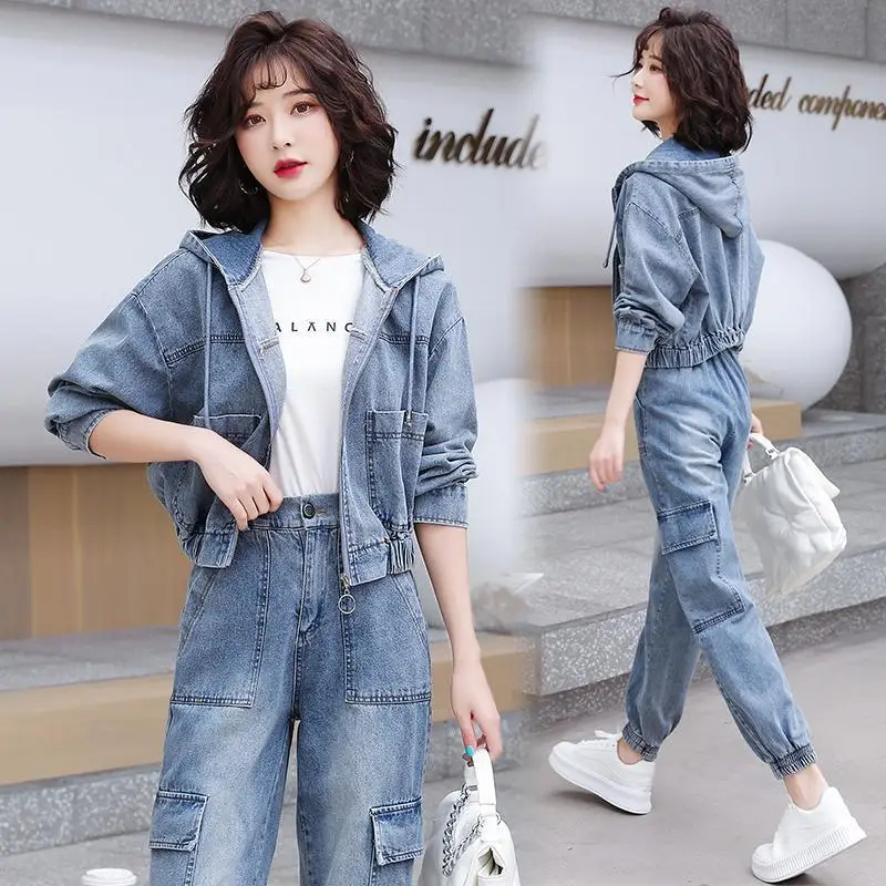 

Denim Suit Women Spring Autumn Two Piece Set 2026 New Female Denim Short Jacket+Jeans 2 Piece Set Ladies Casual Pants 2PCS 3XL