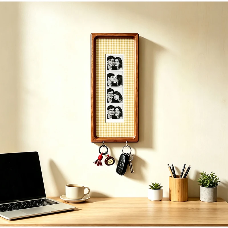 Holz-Fotorahmen für Paare mit Schlüsselhaken, Wandmontierter Bilderrahmen, Modischer Gestreifter Rahmen, Schlüsselhalter, Jubiläumsgeschenk – Detail 21