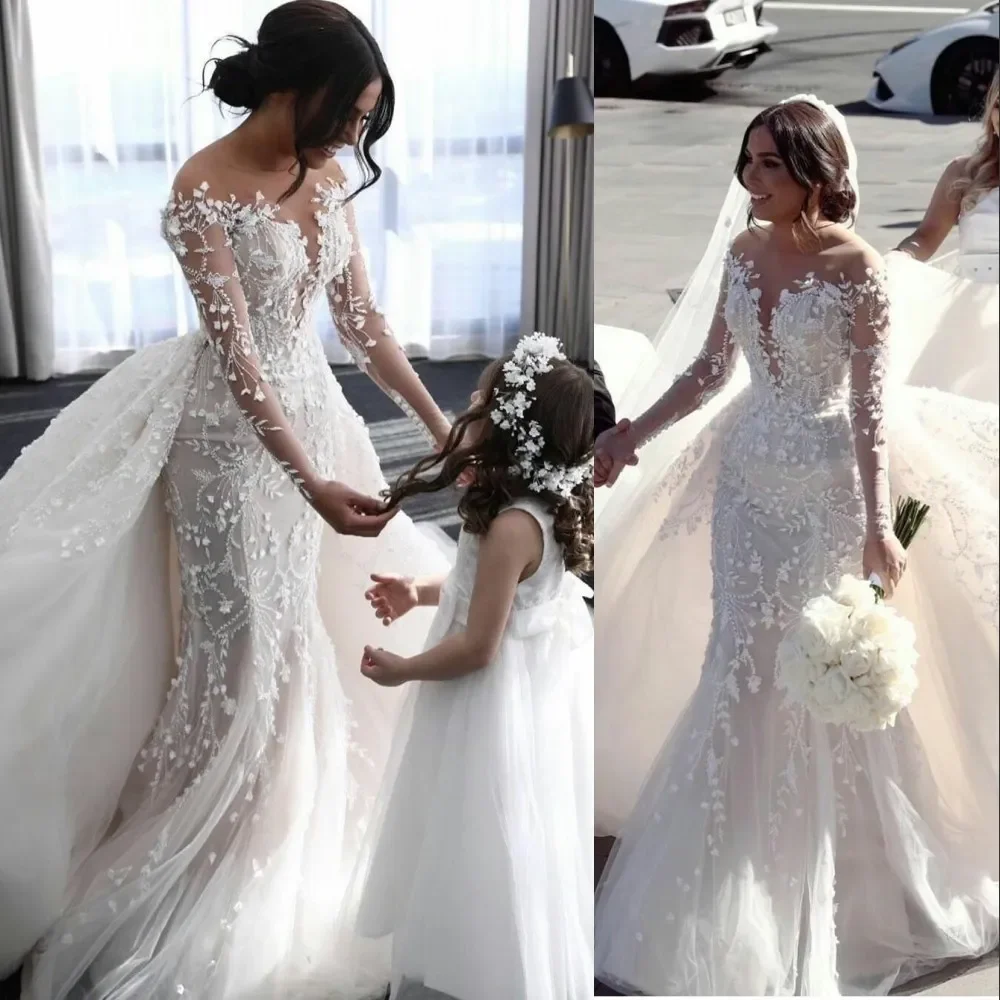 Custom Luxury Mermaid Wedding Dresses Jewel Neck Long Sleeves Sexy Illusion Lace Appliques Tulle Detachable Train Formal Bridal