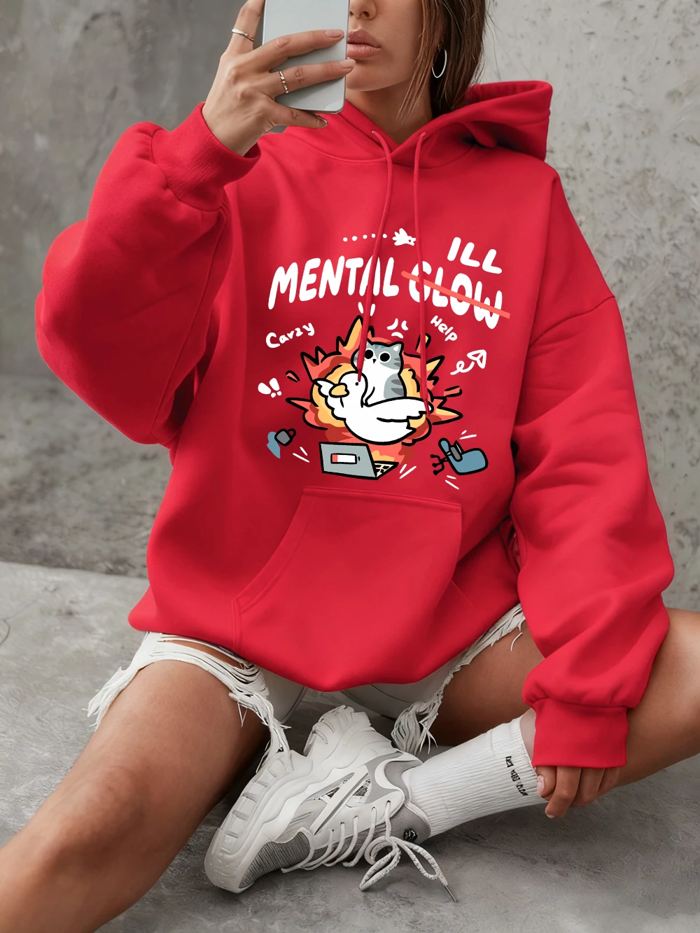 

Толстовка с принтом кота без психического свечения, женская базовая толстовка с круглым вырезом, повседневная свободная одежда, зимняя флисовая теплая удобная уличная одежда