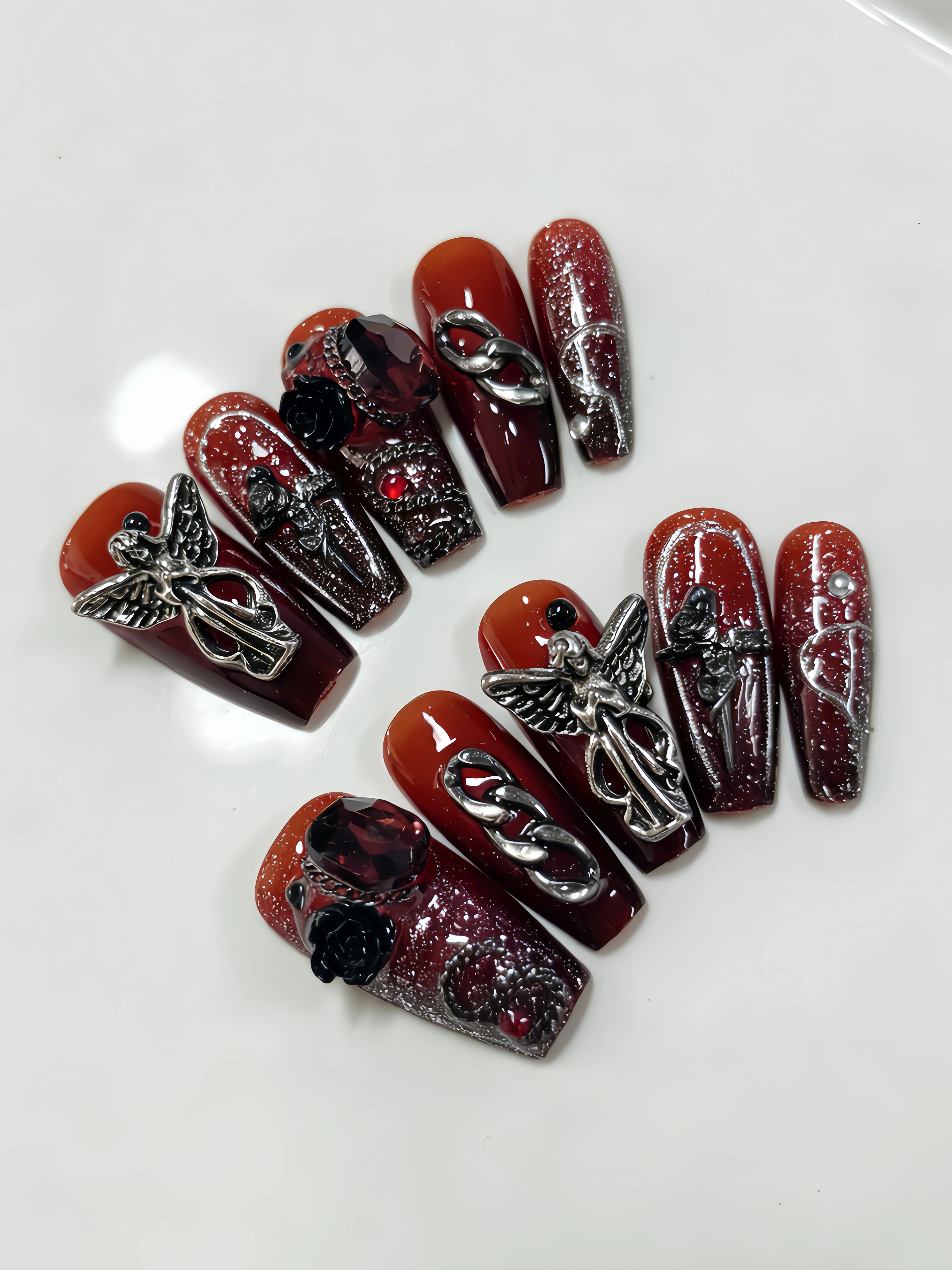 10 Medium-Sized Trapezoidal Press-On Nails, Red Silver Glitter Gradient Cat-Eye Nail Art, Paired with Red Rhinestone 3D Camellia Embossed Silver and Black Angel Cross Pearl Chain Y2K Gothic Nail Stickers, Suitable for Daily Wear, Bar Outings, Dates, Photoshoots, Girls' Gatherings, Afternoon Tea, Lifestyle Activities, Punk Style Fake Nails, Korean Ins-Style Fake Nails, Includes One Jelly Glue and One Nail File view 2