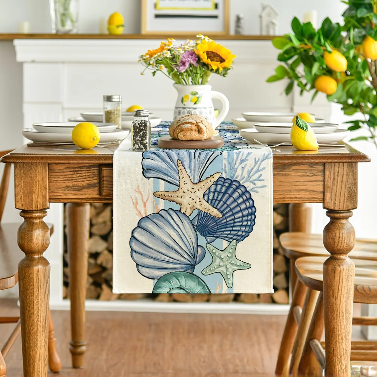 البحر قذيفة نجم البحر الصيف الكتان الجدول العدائين الموسمية المحيط المطبخ طاولة طعام ديكور مزرعة عطلة حفل زفاف ديكور #2