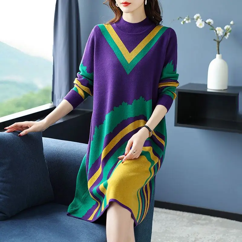 Thread Printing Flocking Loose Mid Length Knit A-line Dresses Autumn Winter Half High Collar Long Sleeve Woolen Dress for Women