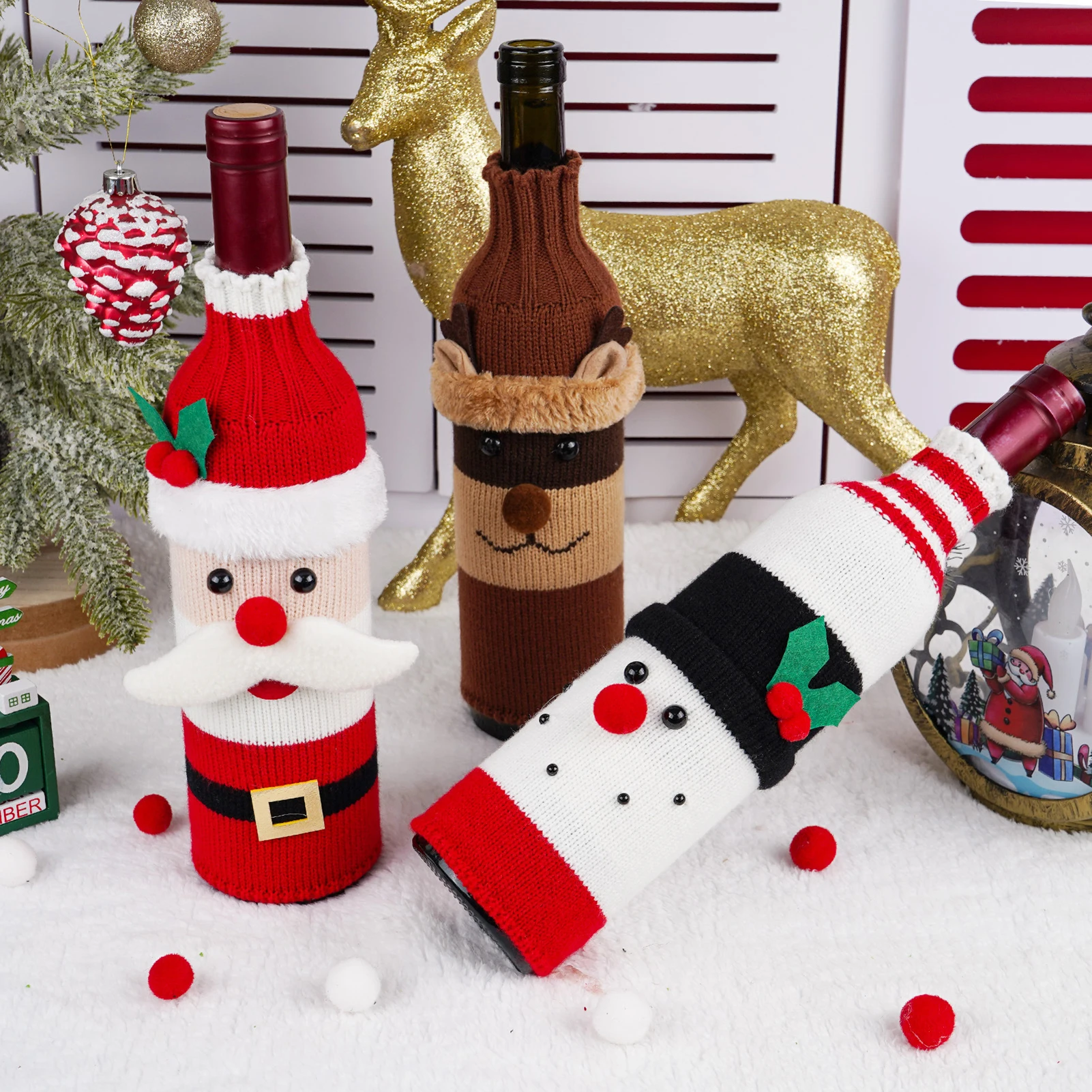 3pcs Santa Claus Wine Bottle Cover Cute Knitted Champagne Jacket Festival Dining Table Decorative Props 2024 Christmas Ornaments