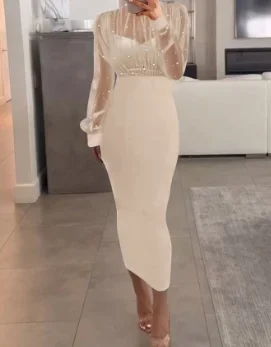 CPSYMYM Vrouwen Avondjurk Herfst winter Nieuwste Party Mock Hals Lange Mouw Sheer Mesh Patch Kralen Skinny Maxi Jurk Lon