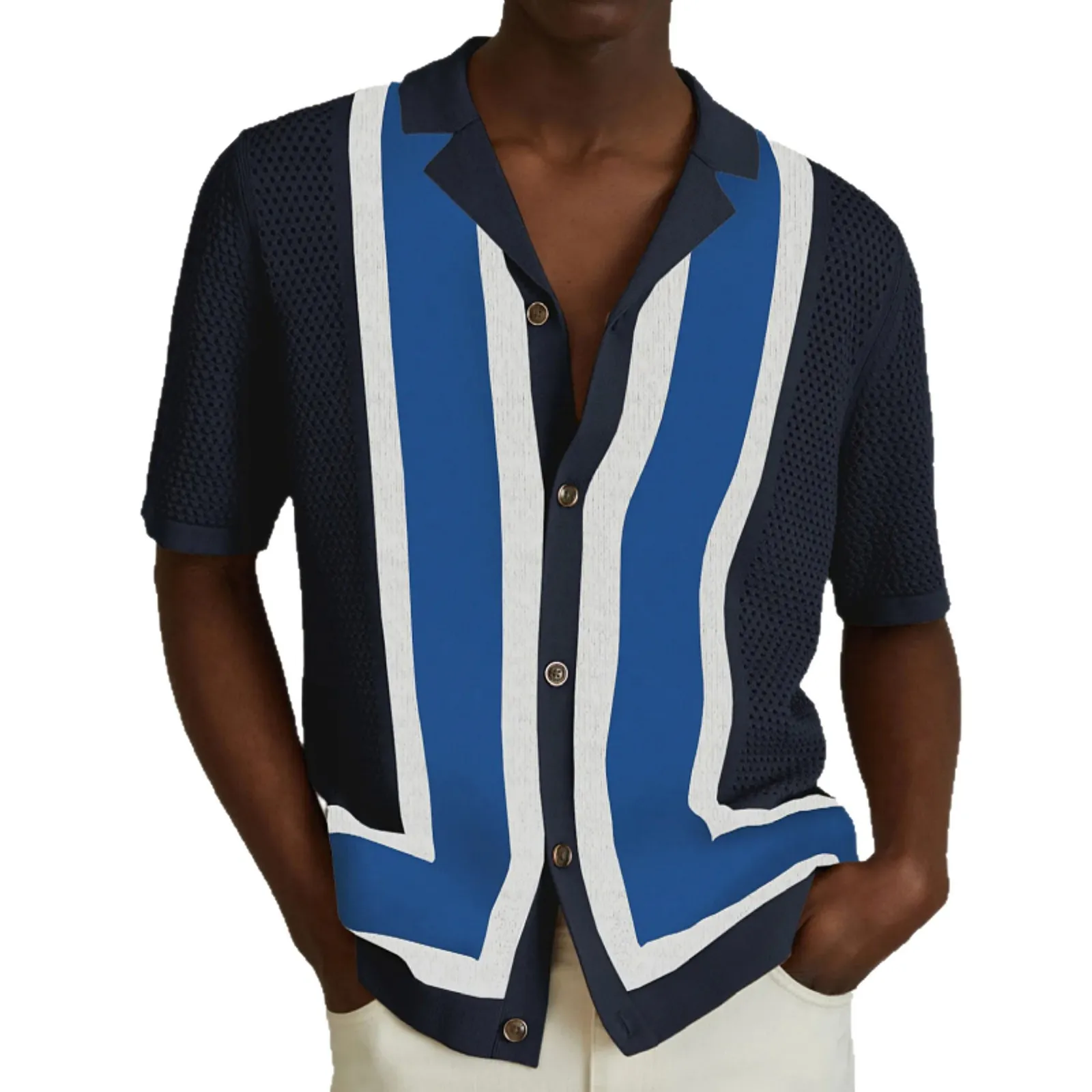 Men Retro Curved Stripe Knitting Polo Shirts 2026 Summer Fashion Camp Collar Short Sleeve Hollow Out Button Up Casual Tshirt Man