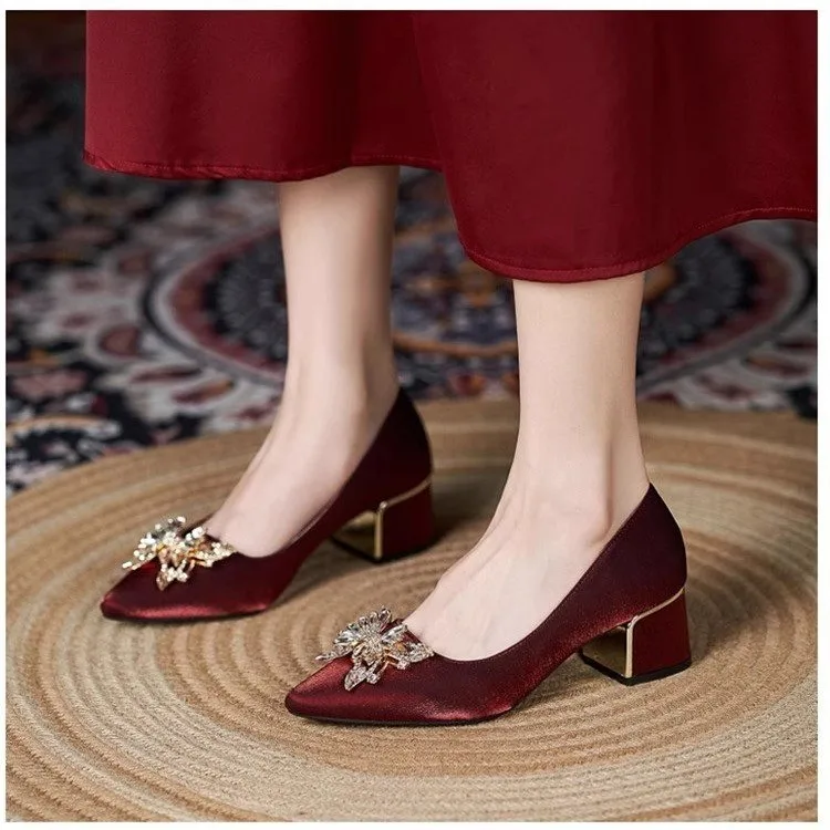 Women\'s Shoes High Heels Pointed Toe Thick Soled Sandals Lace Up 2024 Slip On Sexy High Heels Burgundy