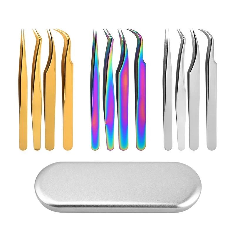 4PCS Lash Tweezers Set Stainless Steel Straight Curved Eyebrow Tweezers False Eyelash Extension Clip Pliers DIY Tweezer Tool
