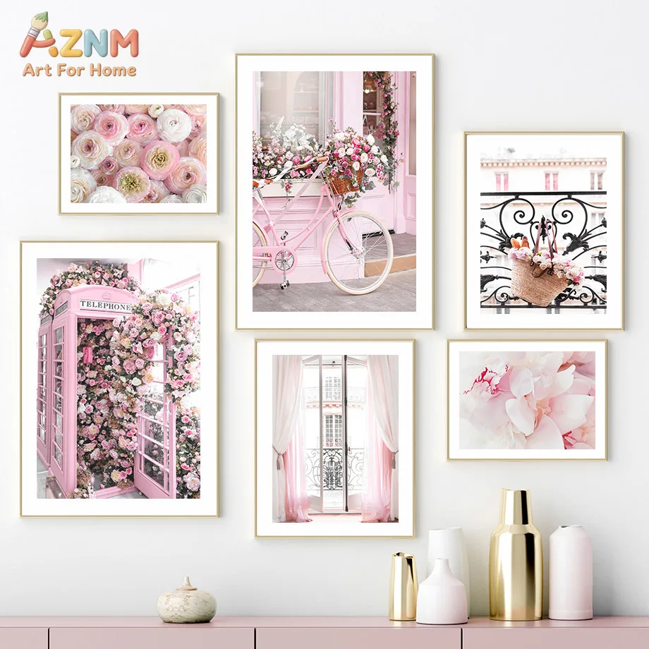 AZNM Pink Cherry Blossom Ferris Wheel Floral Canvas Poster, Frameless Romantic Sweet Scenery Wall Art For Girls Bedroom Wedding