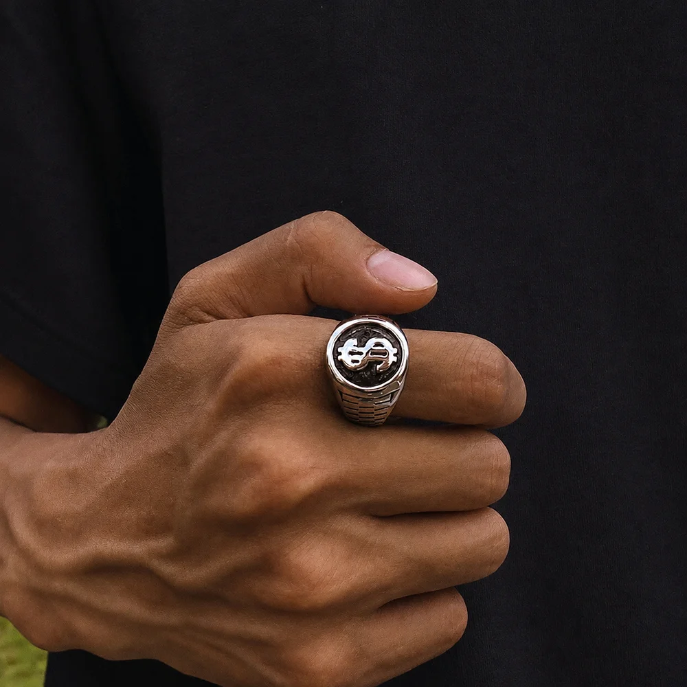 Dollar Sign Ring For Men Silver Color Round Face Signet Ring Engraved Pattern Jewelry Money Symbol Rings