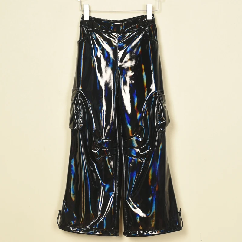 

Jazz Dance Costumes For Adult Colorful Pu Multi Pocket Straight Loose Wide Leg Pants Women Hip Hop Dance Leather Pants DN18563