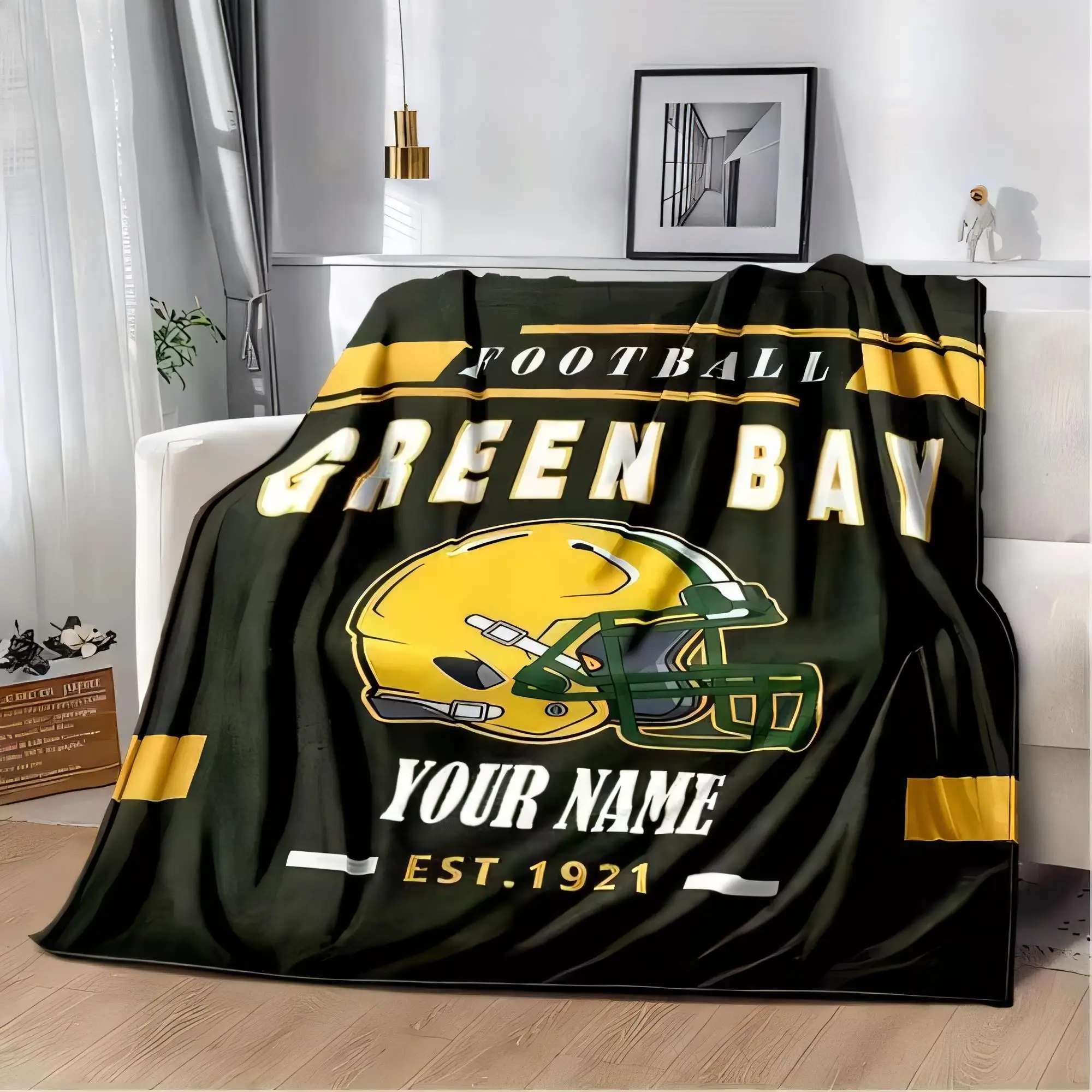 Personalized Green Bay Football Blanket Warm Cozy Sofa Throw Customizable Gift Football Lover Decor with Yellow Helmet Design an