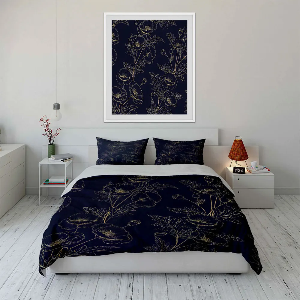 Golden floral line art on navy background Print Soft Comfortable Duvet Cover Bedding Set Included 1*Duvet Cover 2*Pillowcases