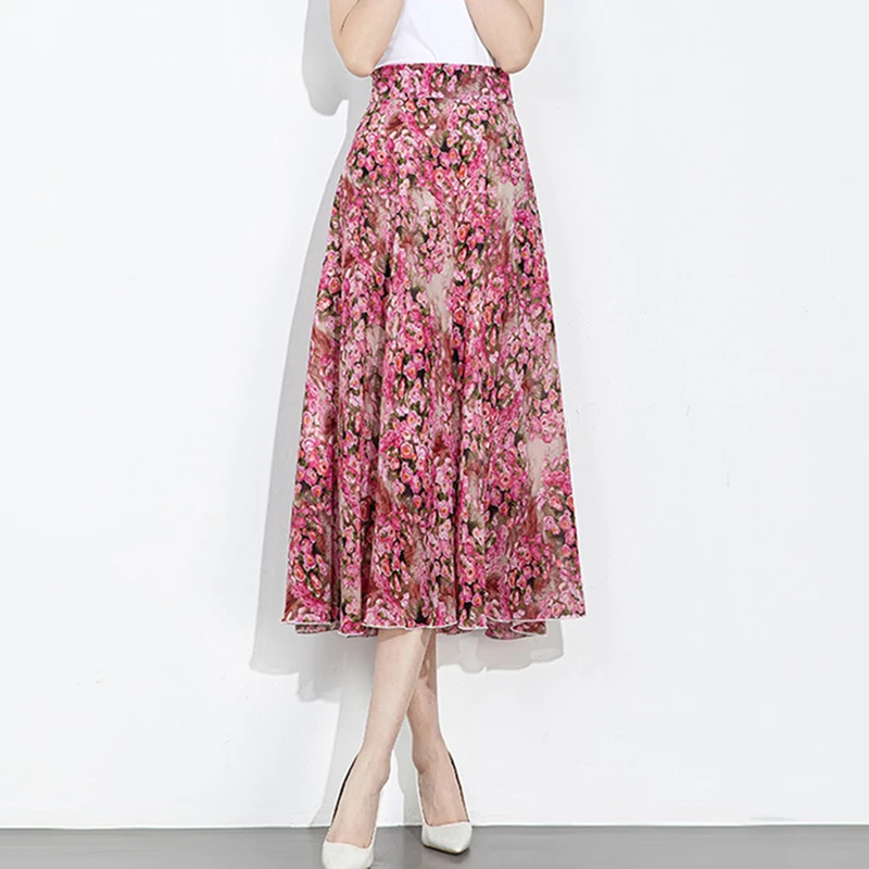 New Women Summer Mid-Calf Floral Skirt Fashion High Waist A-line Print Chiffon Dress Elegant Stretch Waist Beautiful Skirt