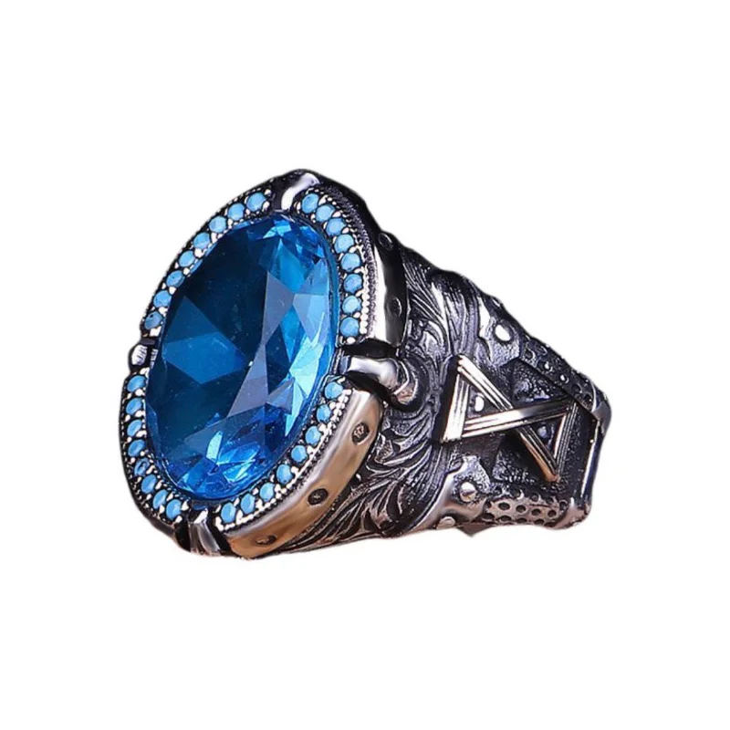 Retro Handmade Turkish Rings for Men Vintage Metal Carving Pattern Silver Color Inlaid Blue Zircon Punk Ring Muslim Jewelry