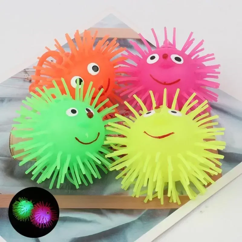 Elastic Luminous Soft Silicone Furry Ball Hedgehog Elastic Flash Venting Ball Toy Soft Rubber Toy with LED Light Popular Toys