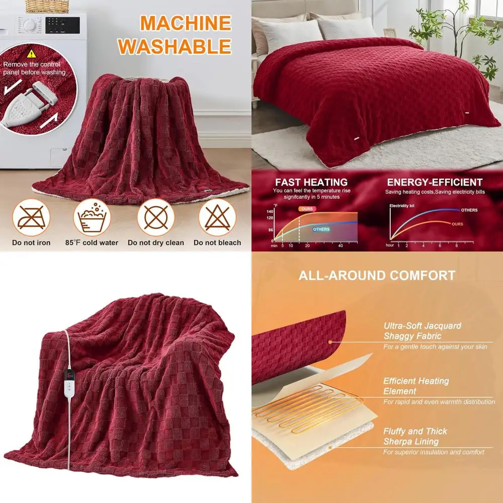 

Twin Size Electric Heated Blanket - 62x84 Jacquard Sherpa, 6 Heat Levels, 10-Hour Auto-Off, Overheat Protection
