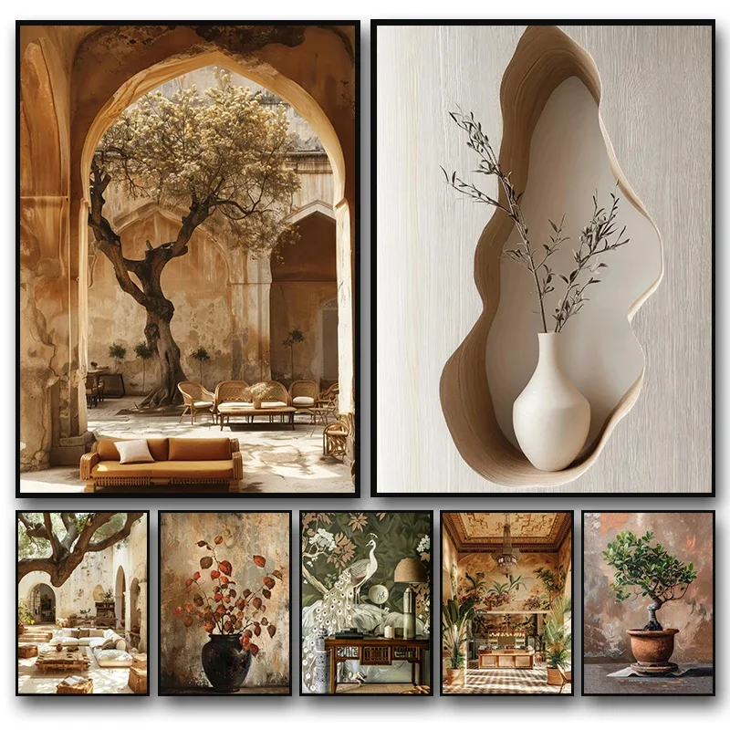 (2D Canvas painting) Scandinavian Italy Olive Tree Branches Leaves Architecture Canvas Painting Minimalist Wall Art Posters P