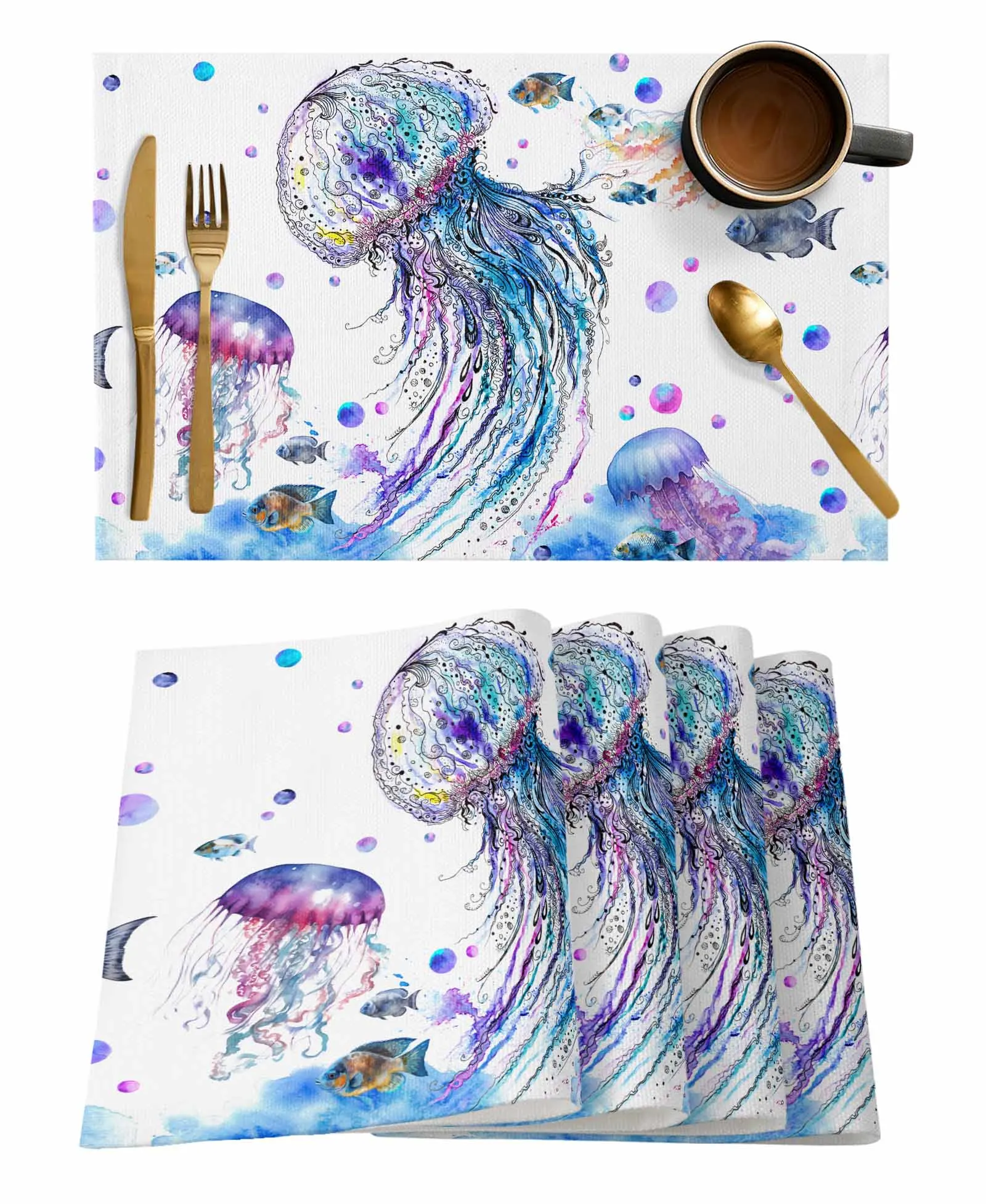 Jellyfish Watercolor Sea Life Table Runner Wedding Party Decor Tablecloth Holiday Kitchen Table Decor Table Runner