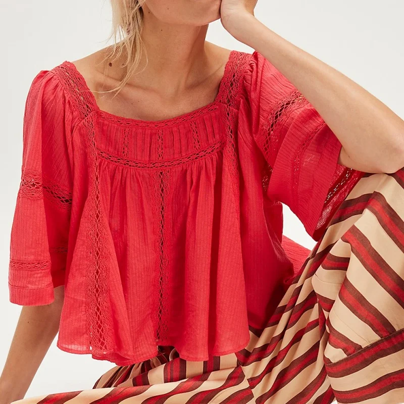 ผู้หญิงกลับ Bow Tie Peplum Tops SHEER Flowy แขนสั้นชาวนาเสื้อลูกไม้ตาไก่ Frilly Babydoll TOP เสื้อ