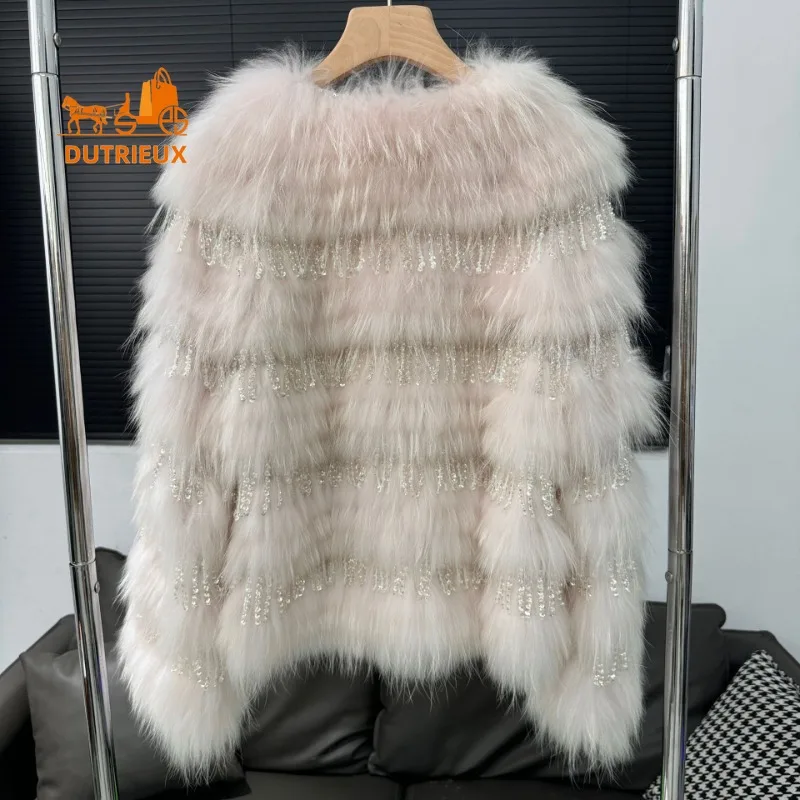 2025 New Temperamental Top-grade Genuine Leather Raccoon Fur Coat for Women, Warm 00% Raccoon Fur Coat for Vacation and Office