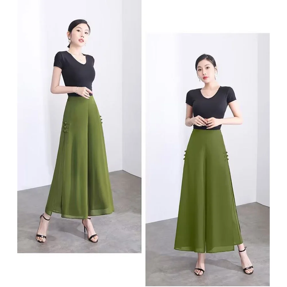 Chiffon Side Slit Trousers Chinese Style Pants Regular Length Trousers Solid Color Design Suitable For Holidays