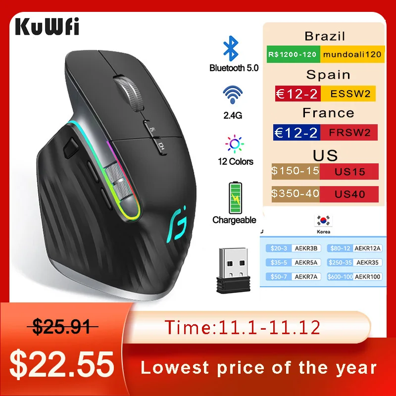 KuWFi Wireless Mouse Bluetooth5.0+2.4GHz Dual Mode USB Gaming Mouse Ergonomic Rechargeable Silent Vertical Mice for Computer