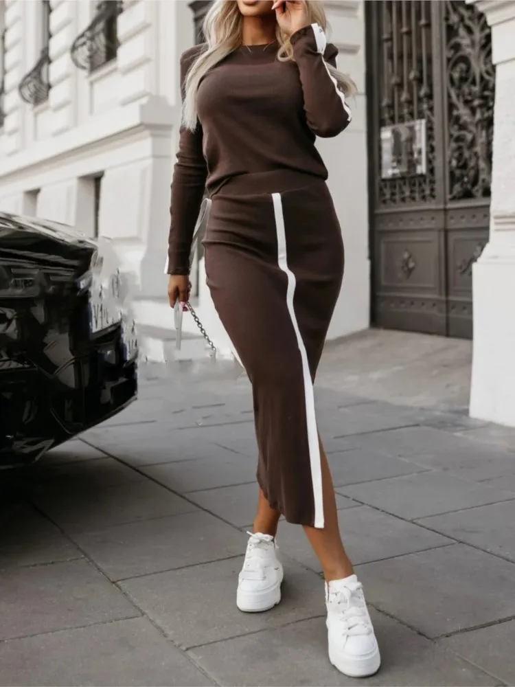 2025 Spring Autumn Elegant Sexy High Slit Skirts Outfit Women Long Sleeve Matching Sets Casual Solid Patchwork Ladies Suits New image 3