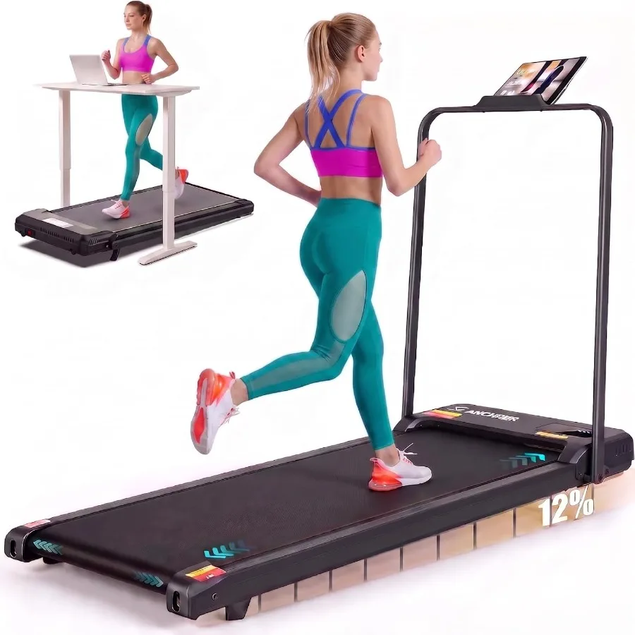 Incline Walking Pad with Handle Bar, Foldable Treadmill for Home/Office Use, Steel Frame, Black, Space-Saving Quiet Motor