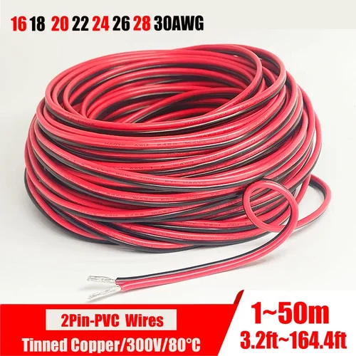 Cable de extensión de silicona o PVC rojo y negro de 2 pines 28awg 26awg 24awg 22awg 20awg 18awg 16awg alambre doméstico de cobre estañado
