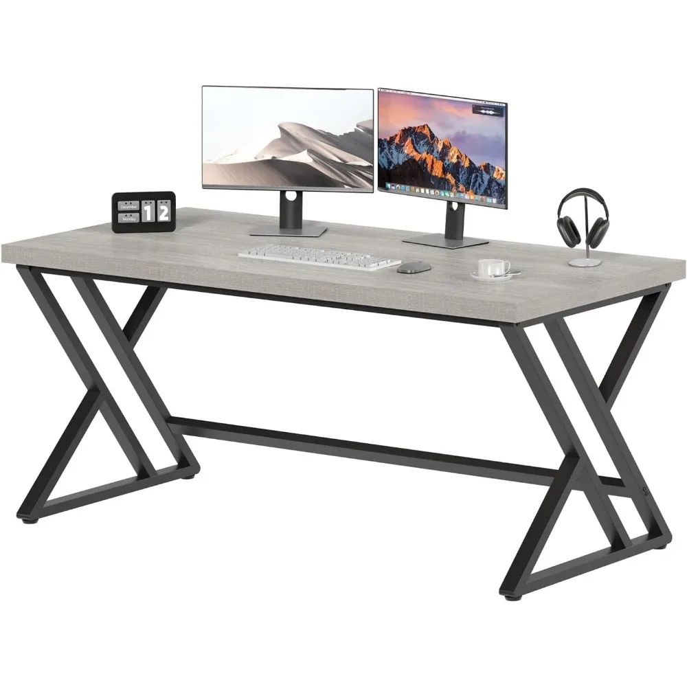 Industrial Style Wood and Metal Gaming Desk for Home Office, Modern PC Study Table with Gray Finish for Bedroom Workspace