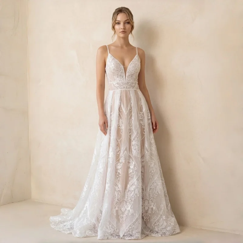 

Beaded Spaghetti Strap Lace Wedding Dress Deep V Illusion Neck Geometric Cascading Floral Lace High Waist A-Line Customizable