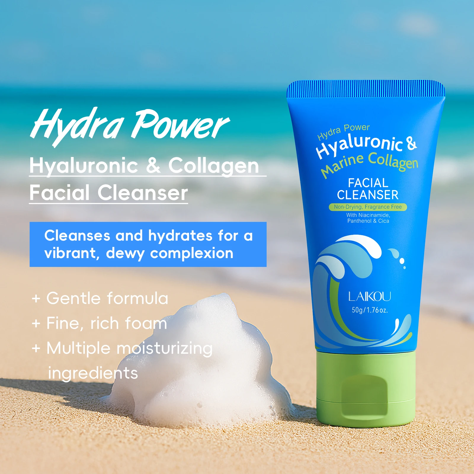 LAIKOU Hyaluronic & Collagen Facial Cleanser 50g Cleanse Excess Oil Non-Drying with Niacinamide Panthenol & Cica