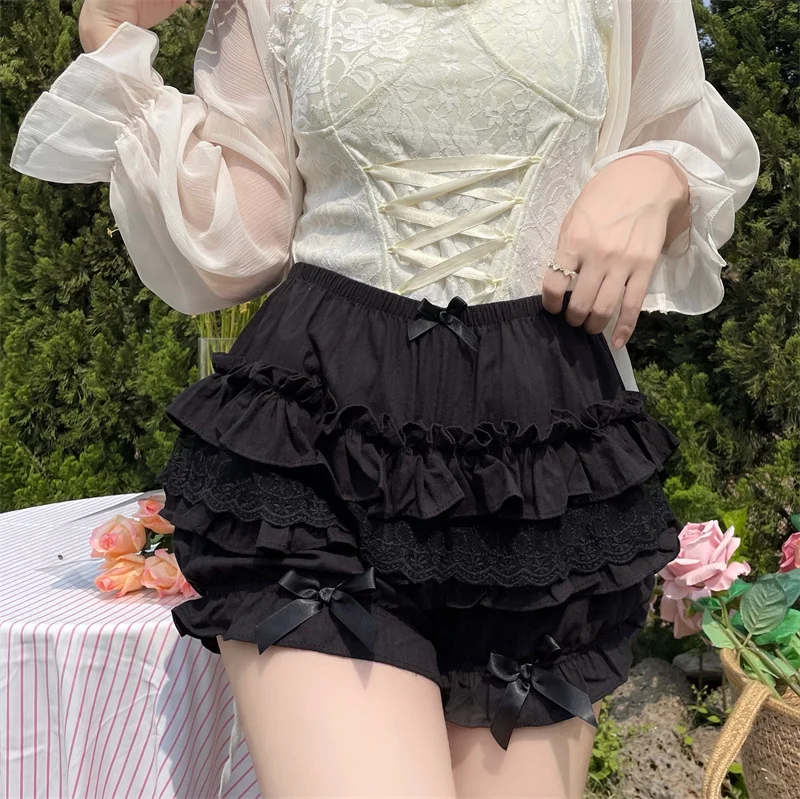 Summer Sweet Fairy Lace Bloomers Women White Black Elastic High Waist Ruffled Tiered Short Pants Bow Decor Streetwear