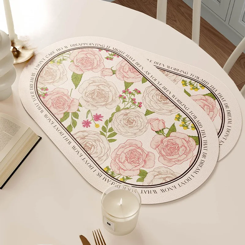 

Pink Rose Print Leather Plate Placemat,Non-Slip,Heat Resistant,Waterproof Table Decor,Light Luxury Gift Idea Oval,2Pcs