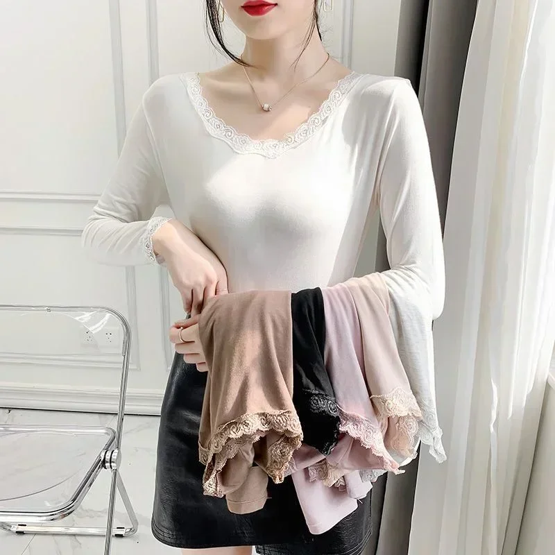 Soft Women Winter Thermal Underwear Long Sleeve Basic Layer Pullovers Velvet Lined Tops Lace V-Neck Blouse Warm Shirt image 6
