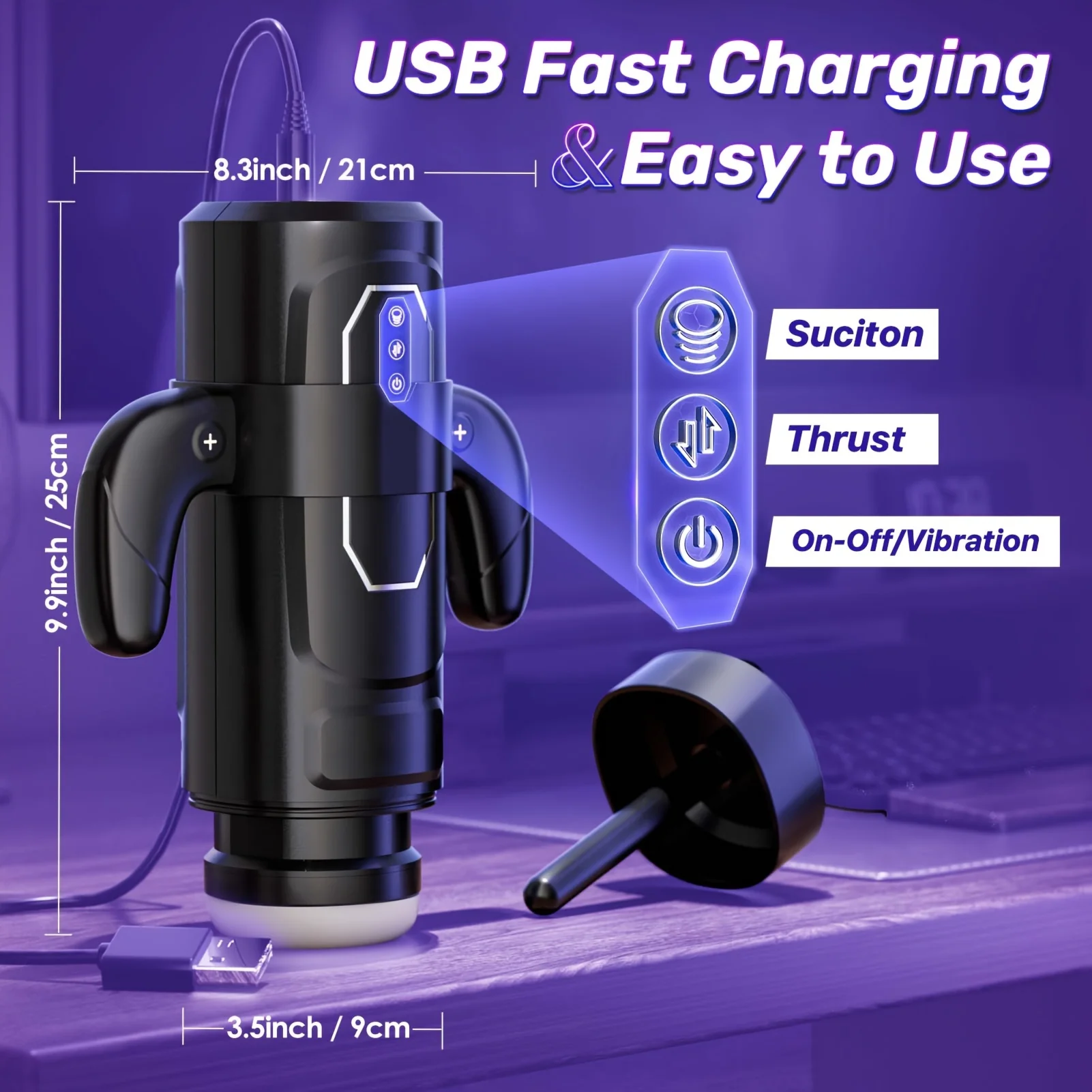 USB قابلة للشحن هزاز التلقائي مص ذكر جهاز استمناء مع مقبض 6 Thrusting و 9 طرق تهتز الرجال الكبار الجنس