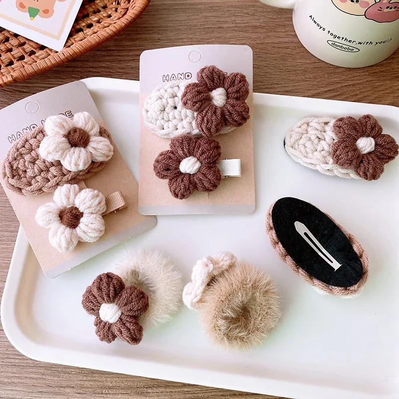 2PCS Set Autumn Winter Knitted Wool Hair Clips For Girls Beige Flower Hairpins Plush Brown Hair Loop Cute Children Barrettes Gum