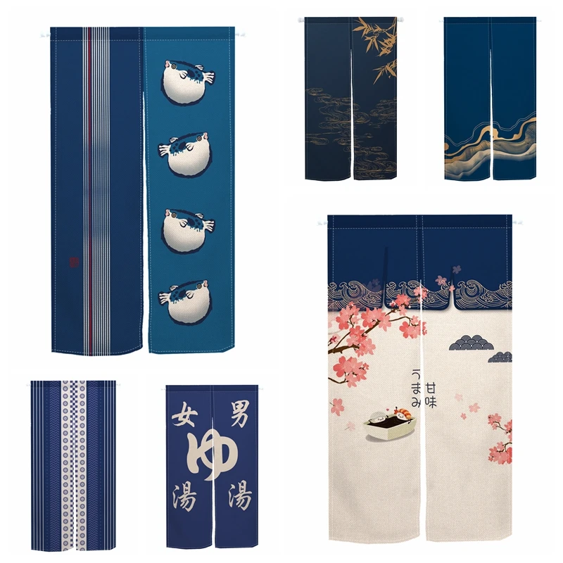 Japanese Style Noren Door Curtains Puffer Fish Wave Izakaya Dining Room Linen Doorway Curtains Kitchen Entrance Half Curtains