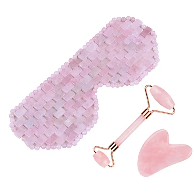 New Rose Quartz Jade Colding Sleep Eye Mask Face Massager Natural Stone Cold Therapy Eye Massage Gua Sha Jade Roller Set