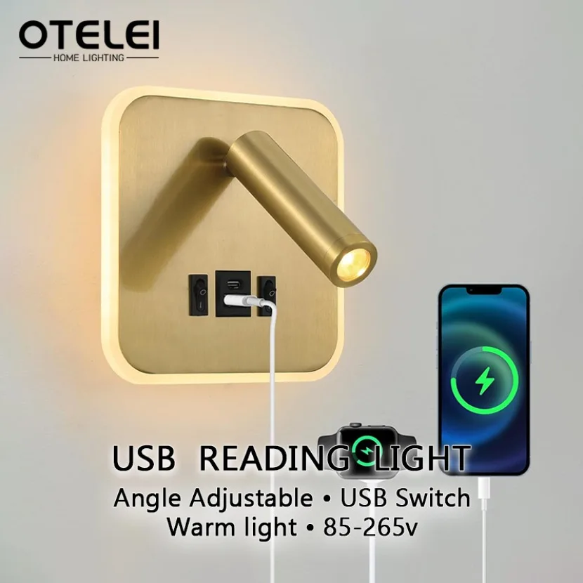 

Rotatable Bedside LED Wall Lamp Reading Light With Switch Backlight Type-C USB Charging For Hotel Bedroom Mounted Spotlight