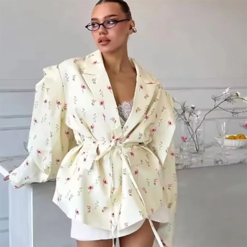 Oversize Floral Printed Women Jacket Padded Lapel Lace Up Loose Coat Long Sleeve High Waist Outwears Lady Streetwear