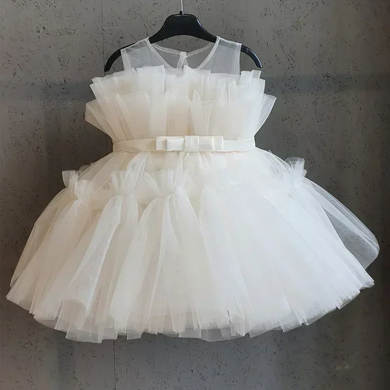 Baby Girls Tulle Princess Dress Flower Elegant 1st Baptism Birthday Party Ball Gown Sleeveless Kids Wedding Evening Formal Dress