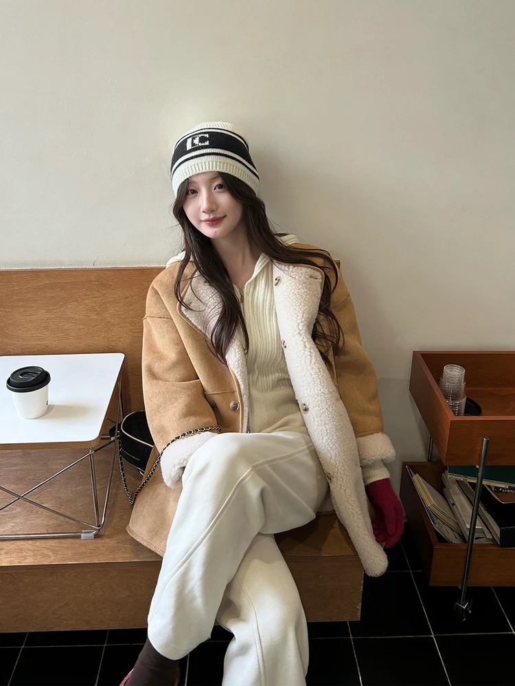 両面着用ラムファーベルベットレザー一体型レディースコートハンナンドンハイニン冬新作韓国風ルーズフィット