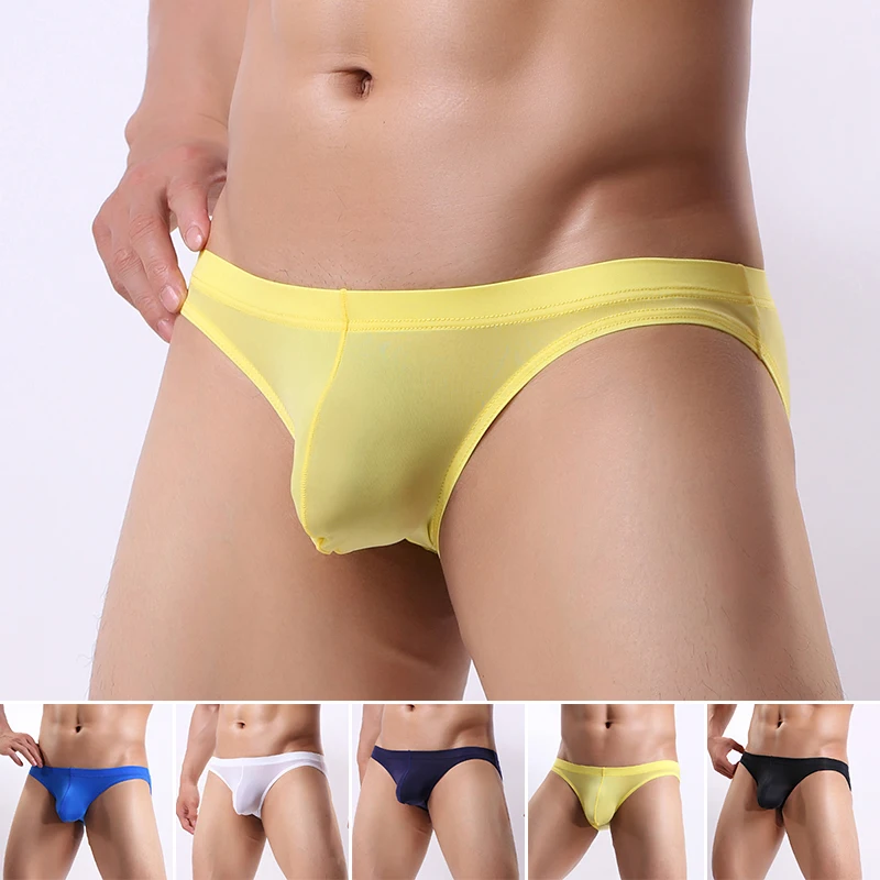 Men\'s Sexy Solid Color Low Rise Briefs Soft Underwear Elasticity Breathable Underpants Ice Silk Thong Oil Shiny Swimming Panty