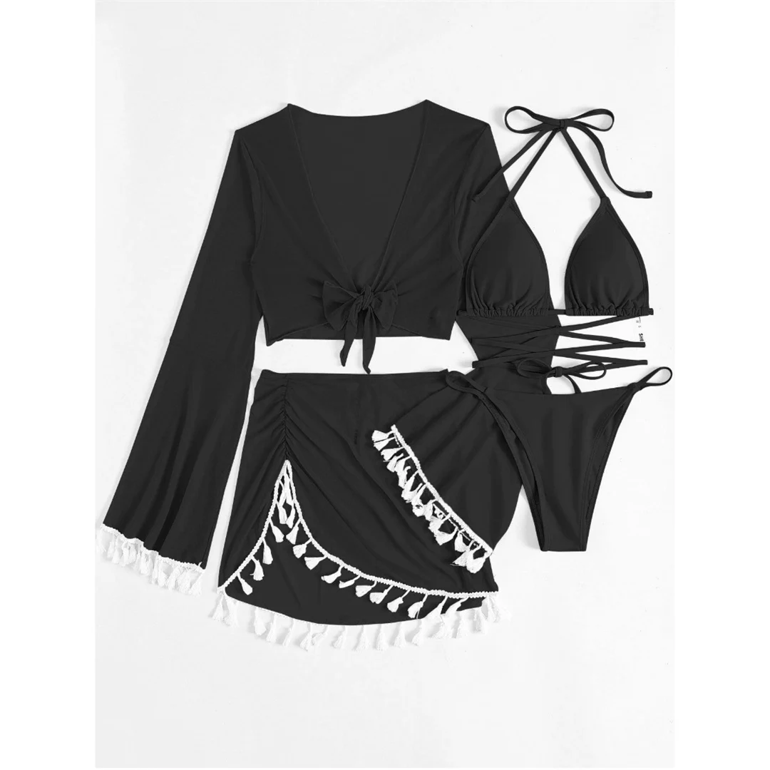 S - XL, mit Fransenrock, langärmeliges Bikini-Set für Damen, Badebekleidung, vierteiliges Bikini-Set, Badeanzug, Badebekleidung, Modell V7060. – Detail 35