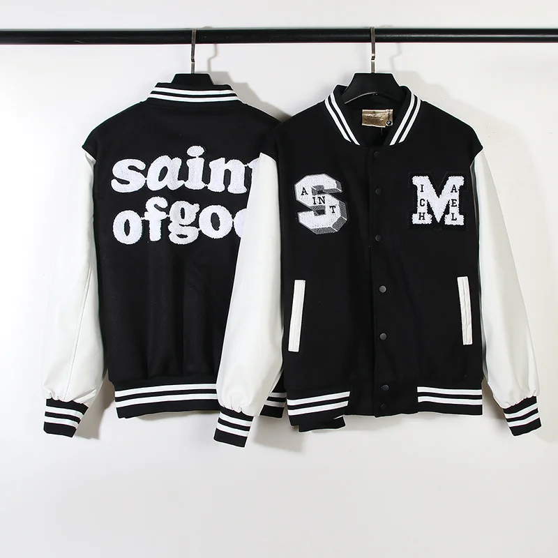 

Loose Men's Baseball Jaet with Leather Sves And Woolen Splicing Street Sle Outerwear Youth Faion Autumn Spring