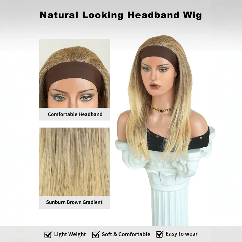 European and American style headband wig for women featuring a gradient brown color layered straight hair shoulder-length