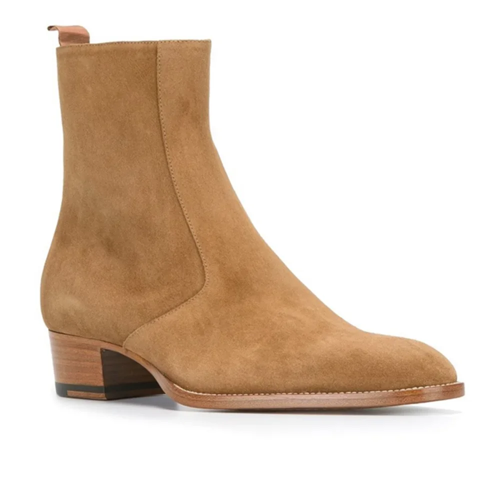 Bottes Chelsea en daim pour hommes, faites à la main, talon compensé de 4cm, fermeture éclair, coupe cintrée, qualité